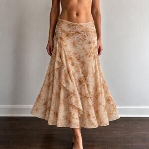 Vintage Italian Randolph Duke Sepia 100% SILK Botanical Ruffle Maxi Skirt Size 8